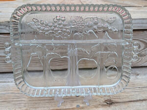 Indiana Glass Clear Divided Serving Relish Tray Fruit Pattern Handles 9" X 12"